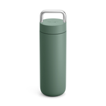 Fellow Carter Carry Travel Mug in Smoke Green with silver handle on a white background.