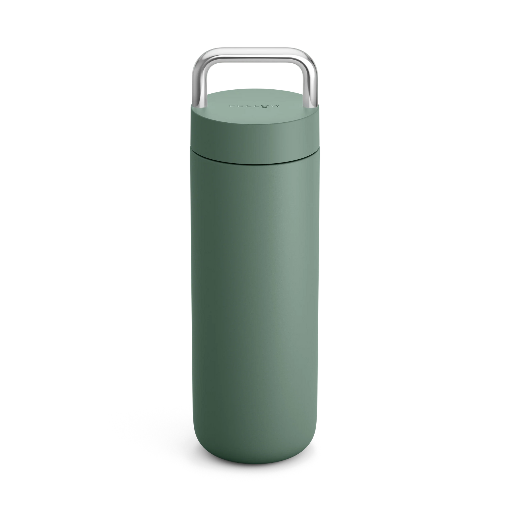 Fellow Carter Carry Travel Mug in Smoke Green with silver handle on a white background.