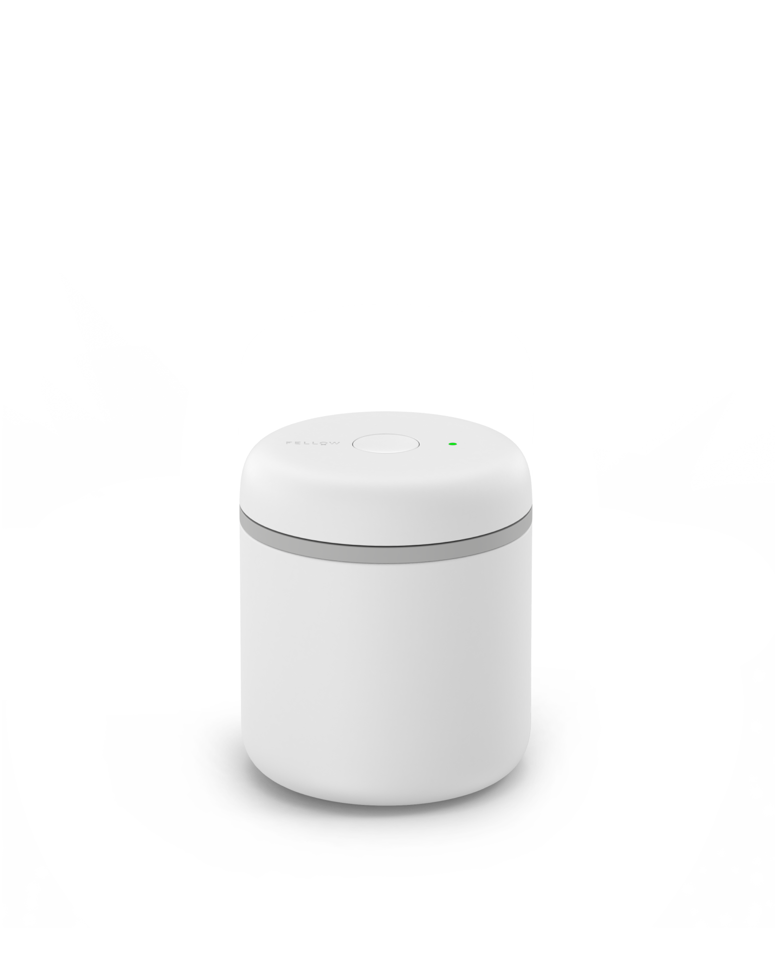 Fellow Atmos Vacuum Canister: small, round, white with button and green light for sealed storage.