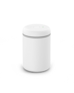 The Fellow Atmos Vacuum Canister is a small white canister with button, great for coffee beans.