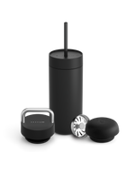 Fellow Carter 3-in-1 Lid System mug—matte black, straw, two lids, silver filter; giftable.