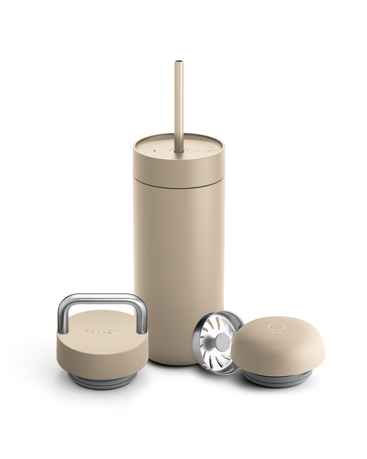 Fellow Carter 3-in-1 Lid System Mug—straw, handle, filter, silicone lid; gift box included.