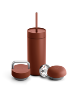 Fellow Carter 3-in-1 Lid System mug in rust with straw, metal handle lid, and round lid.