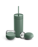 Fellow Carter 3-in-1 Lid System: matte green coffee tumbler with straw, three gift lids.