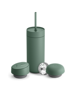 Fellow Carter 3-in-1 Lid System: matte green coffee mug with straw and two matching lids.