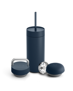 Fellow Carter 3-in-1 Lid System: navy insulated tumbler with straw, infuser & metal lid.