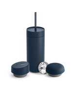 Dark blue Fellow Carter 3-in-1 Lid System mug with straw and accessories on white background.