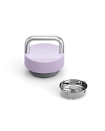 The Carry Lid by Fellow: lavender travel mug lid with silver handle and detachable filter.