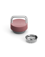 Fellow The Carry Lid in pink and silver with handle, shown next to a separate metal filter.