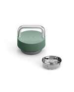 Fellow The Carry Lid, green and silver, with separate metal strainer on white background.