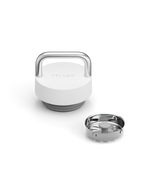 White and silver Fellow The Carry Lid with separate stainless steel bottom piece beside it.