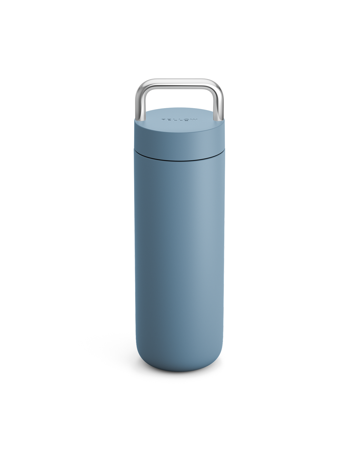 Fellow Carter Carry Travel Mug in Hazy Blue with a metal handle on a white background.