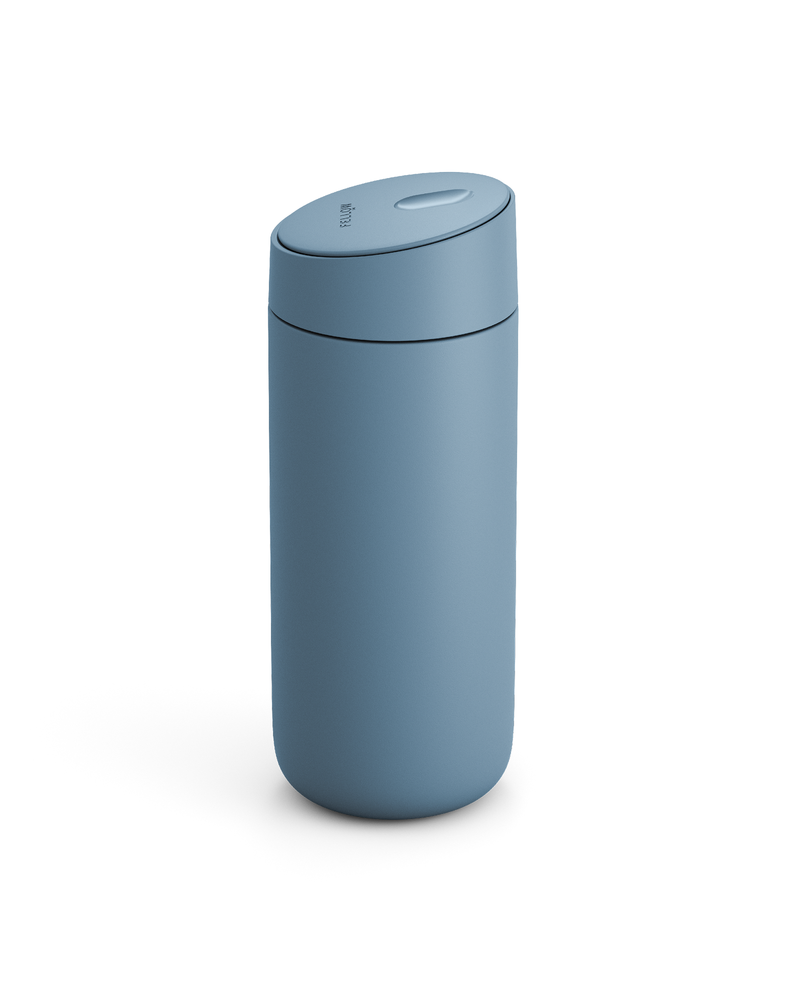 The Fellow Carter Slide Mug is a matte blue travel mug with a rounded lid, shown on white.