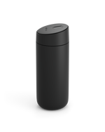 Fellow Carter Slide Mug in matte black with rounded body and matching lid on white background.