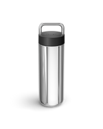 Fellow Carter Carry Travel Mug in Matte Black + Polished Steel with loop handle and black lid.