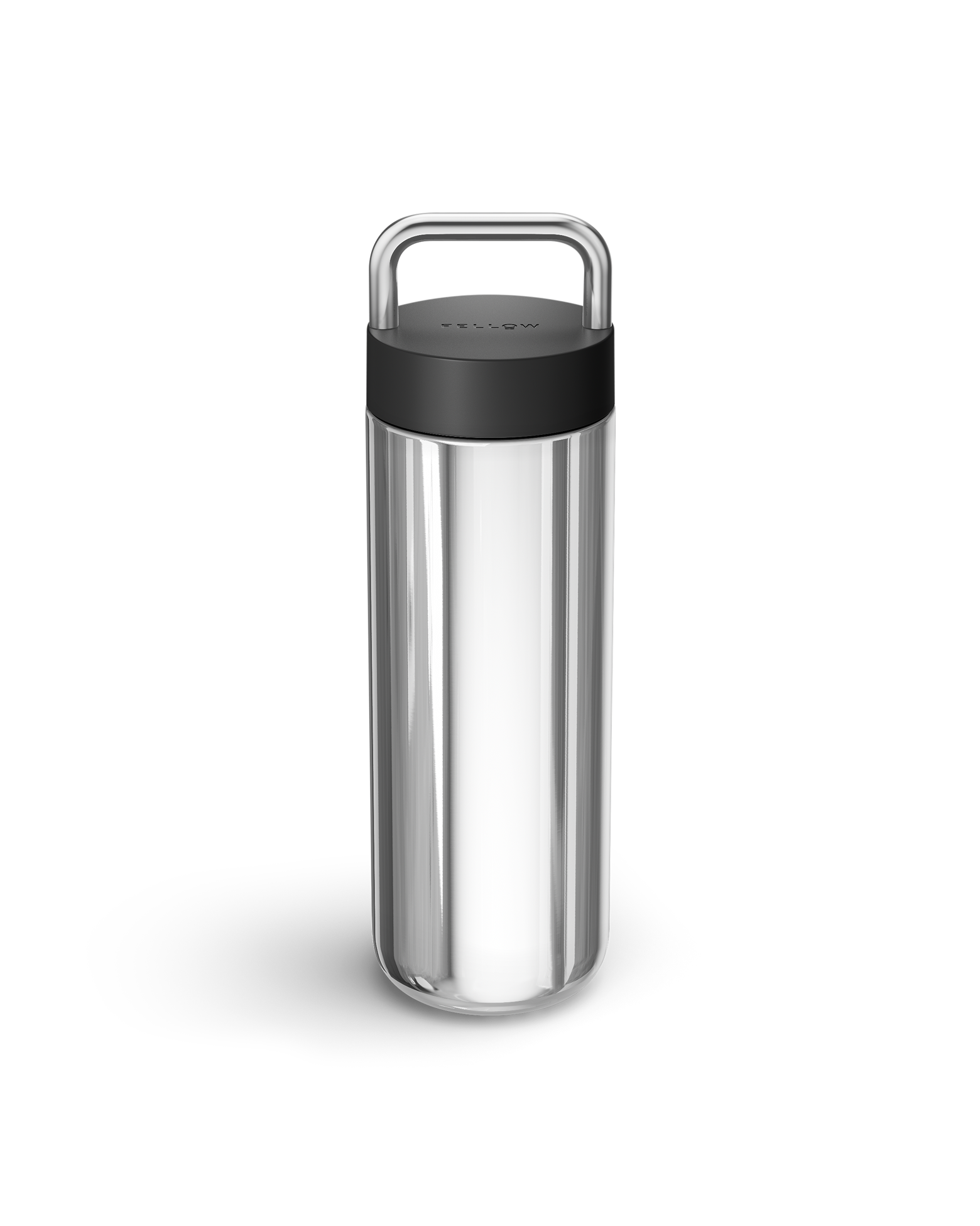 Fellow Carter Carry Travel Mug in Matte Black + Polished Steel with loop handle and black lid.
