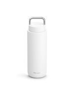 Matte White Carter Carry Travel Mug by Fellow with handle on lid and logo at bottom.