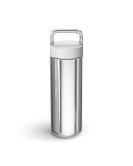 The Fellow Carter Carry Travel Mug in Matte White + Polished Steel with lid and handle.