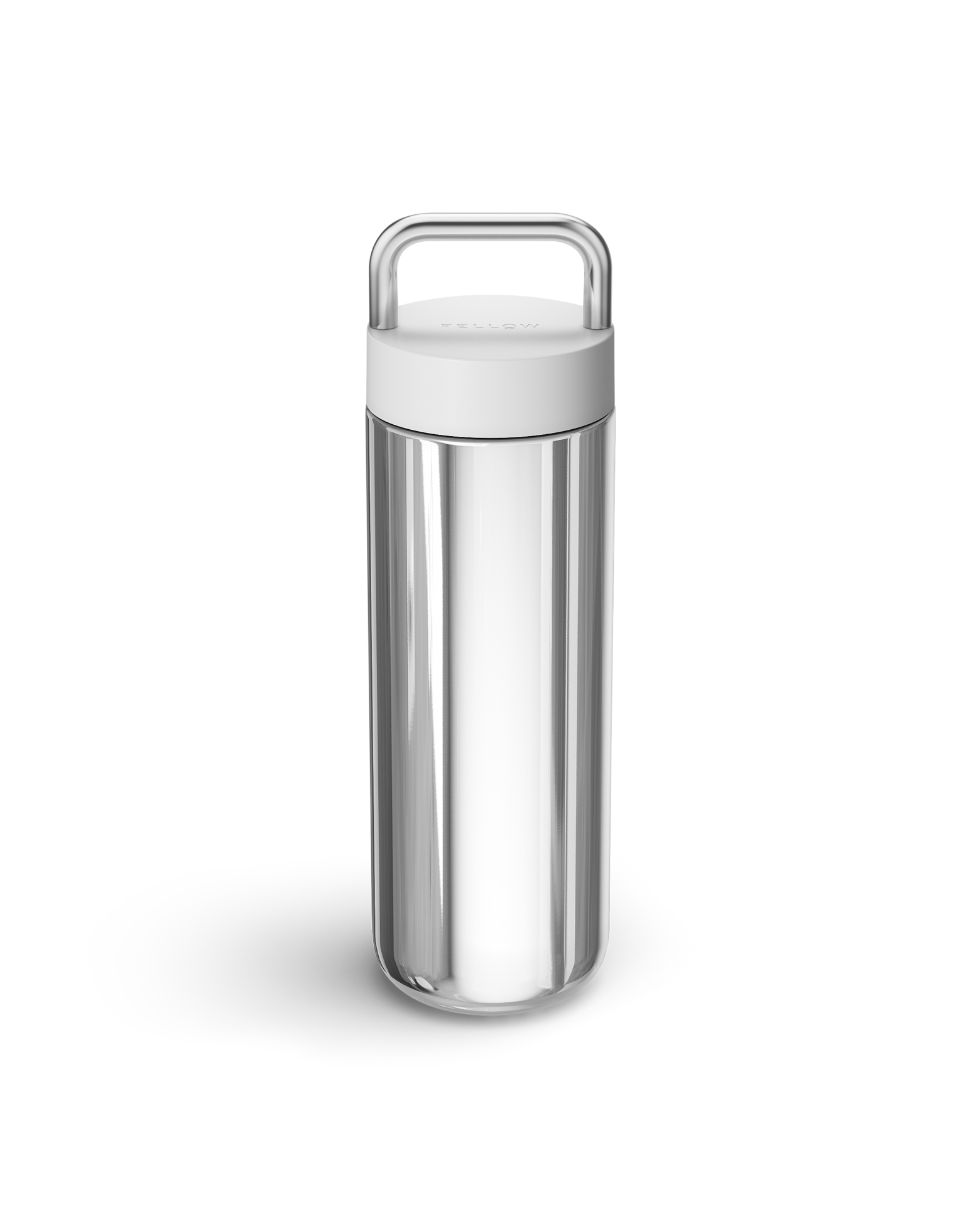 The Fellow Carter Carry Travel Mug in Matte White + Polished Steel with lid and handle.