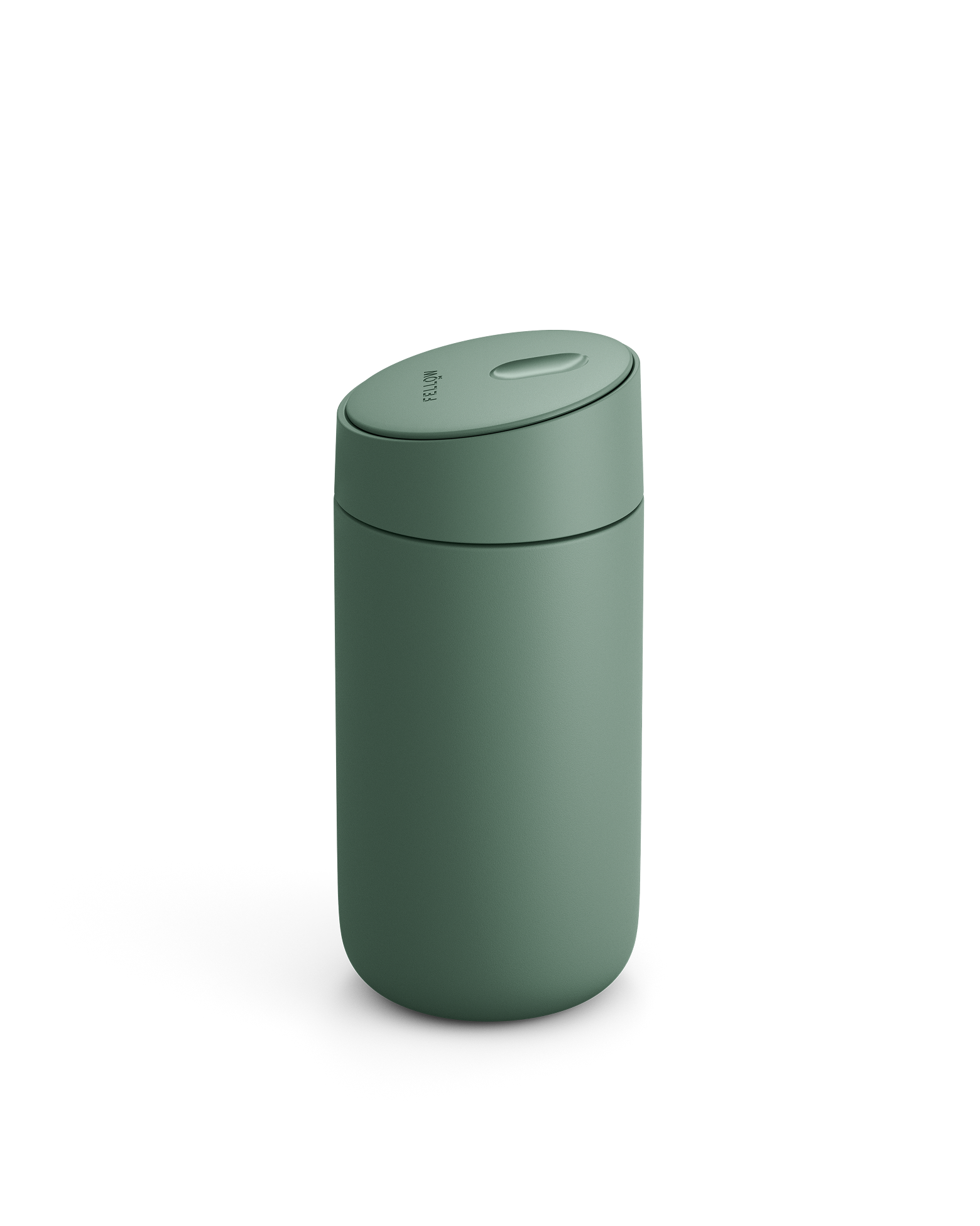 Fellow Carter Slide Mug in matte green with oval lid shown on white background.