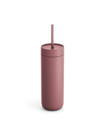 Fellow Carter Cold Tumbler in matte pink with lid and straw on a white background.