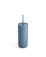 Fellow Carter Cold Tumbler in matte blue with lid and straw, on a plain white background.