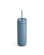 The Fellow Carter Cold Tumbler is blue and comes with a lid and straw.