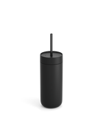 Fellow Carter Cold Tumbler in matte black with lid and straw on a white background.