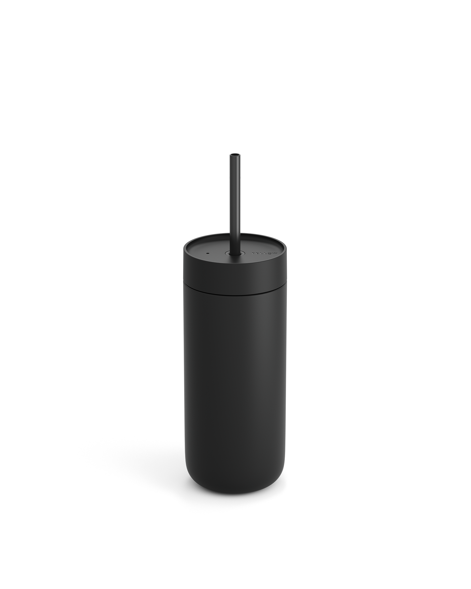 Fellow Carter Cold Tumbler in matte black with lid and straw on a white background.