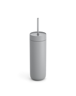 Fellow Carter Cold Tumbler in matte gray with lid and straw, shown on white background.