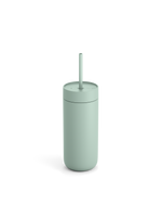 The Fellow Carter Cold Tumbler is a light green reusable cup with a lid and straw.