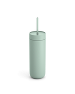 The Fellow Carter Cold Tumbler in matte light green with a straw on a white background.