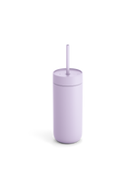 The Fellow Carter Cold Tumbler in light purple comes with a lid and straw on a white background.