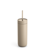 Fellow Carter Cold Tumbler in matte beige with lid and straw on a white background.