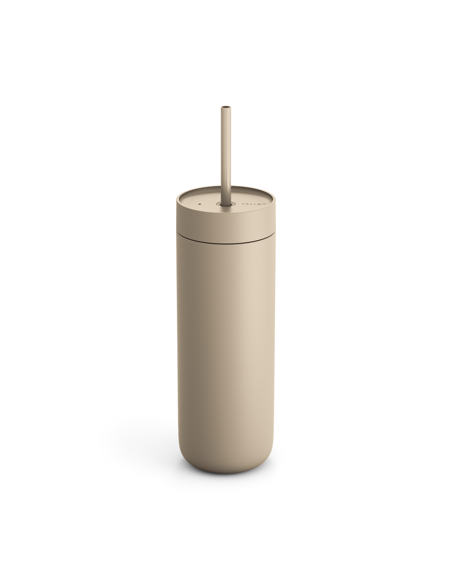Fellow Carter Cold Tumbler in matte beige with lid and straw on a white background.