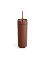 Fellow Carter Cold Tumbler in matte brown with lid and straw on a white background.