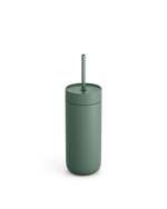 Fellow Carter Cold Tumbler in matte green with lid and straw on a white background.