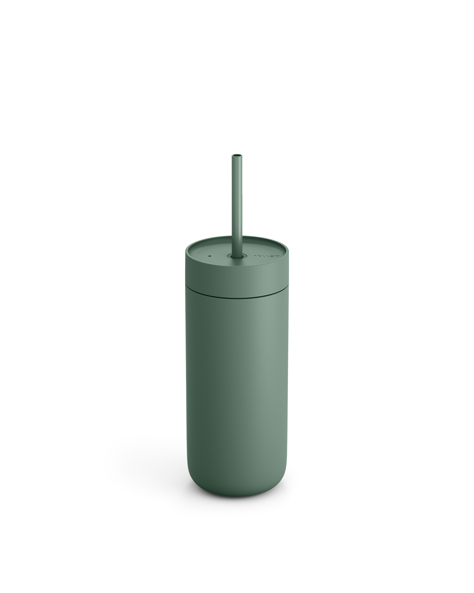 Fellow Carter Cold Tumbler in matte green with lid and straw on a white background.