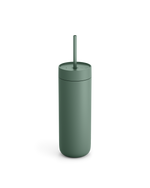 Fellow Carter Cold Tumbler in matte green with lid and straw, shown on a white background.