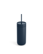 Fellow Carter Cold Tumbler in dark blue with lid and straw on a plain white background.