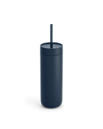 Fellow Carter Cold Tumbler in dark blue with lid and straw on a plain white background.