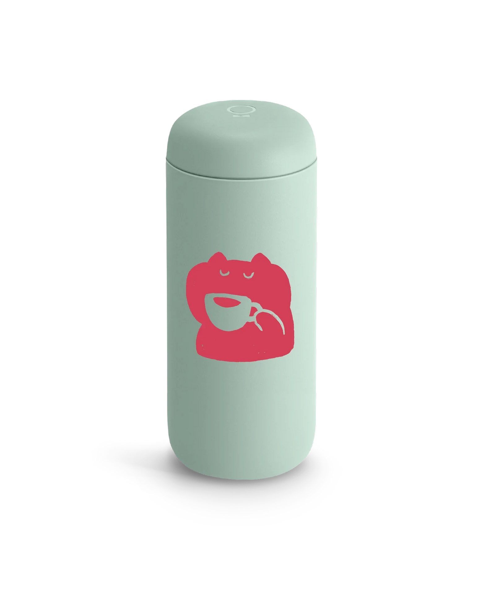 Light green Fellow Carter Move Mug with a pink frog holding a teacup on the front.