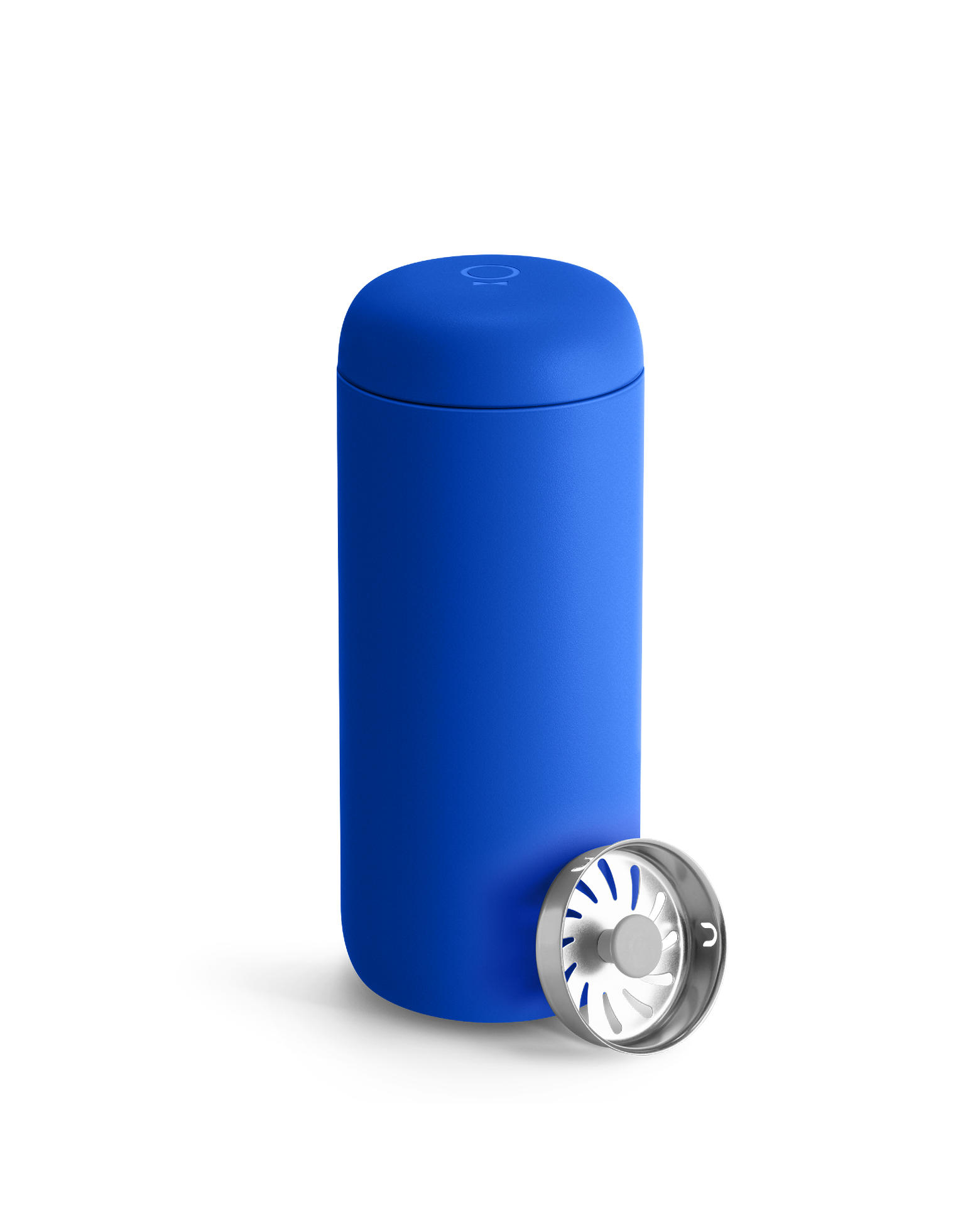 Fellow Carter Move Mug in Electric Cobalt with spill-proof strainer lid, great for coffee on the go.