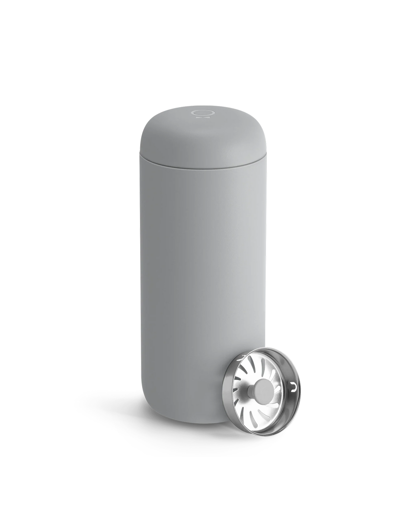 A matte gray Fellow Carter Move Mug with removable strainer on a white background.