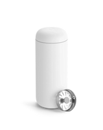 Fellow Carter Move Mug in white, shown with included metal strainer in front.