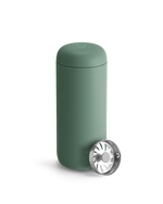 Fellow Carter Move Mug in matte green with metal strainer, great as a coffee tumbler.