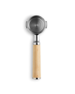 Fellow Espresso 58 mm bottomless portafilter in maple, viewed from above on white.